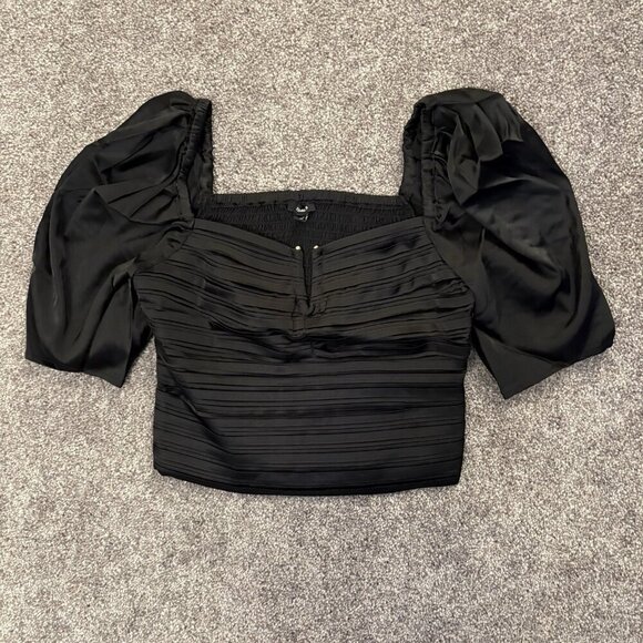 Express Women's Satin Top Size XS Black V-Bar Puff Sleeve Ruched Pleated NWT $58 - Picture 6 of 16